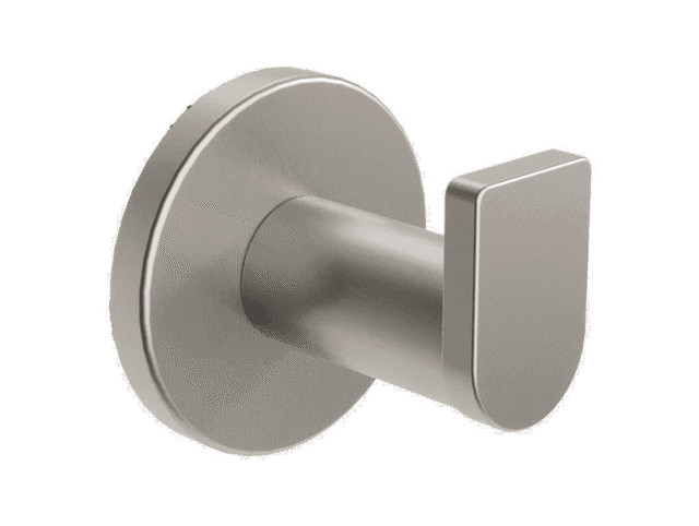 Minimalistische wandhaak / badmantelhaak uit de Steinwood serie, uitgevoerd in geborsteld nikkel. Geschikt voor badjassen, handdoeken en kleding. Voor wandmontage. De afwerking sluit exact aan bij de mat zwarte van de Van Heck kranen.