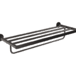 Elegant handdoekrek met geïntegreerde handdoekstang uit de Steinwood serie, uitgevoerd in mat zwart. Biedt ruimte voor het opbergen en ophangen van handdoeken. Voor wandmontage. De afwerking sluit exact aan bij de mat zwarte van de Van Heck kranen.