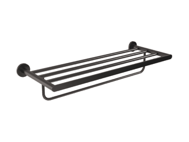 Elegant handdoekrek met geïntegreerde handdoekstang uit de Steinwood serie, uitgevoerd in mat zwart. Biedt ruimte voor het opbergen en ophangen van handdoeken. Voor wandmontage. De afwerking sluit exact aan bij de mat zwarte van de Van Heck kranen.