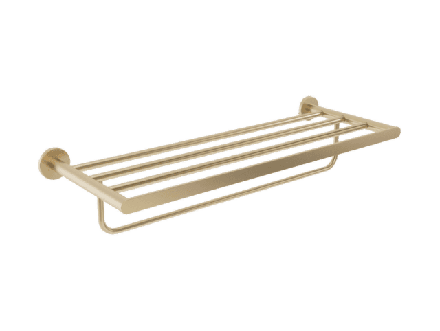 Elegant handdoekrek met geïntegreerde handdoekstang uit de Steinwood serie, uitgevoerd in geborsteld goud met duurzame PVD-coating. Biedt ruimte voor het opbergen en ophangen van handdoeken. Voor wandmontage. De afwerking sluit exact aan bij de gebor