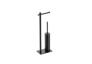 Vrijstaande toiletrolhouder met geïntegreerde toiletborstel uit de Steinwood serie, uitgevoerd in mat zwart. Een praktische en stijlvolle oplossing zonder wandmontage. De afwerking sluit exact aan bij de mat zwarte van de Van Heck kranen.
