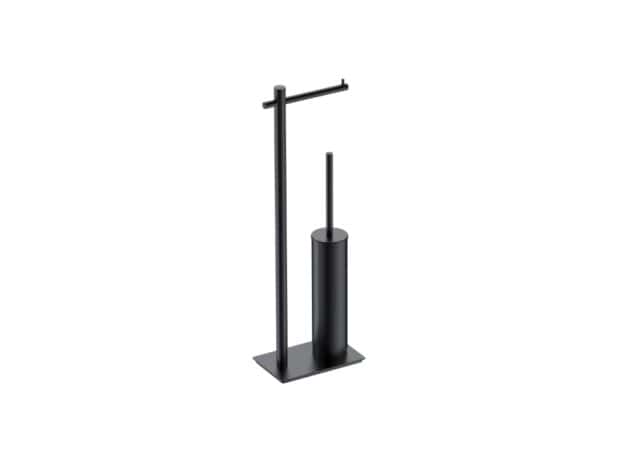 Vrijstaande toiletrolhouder met geïntegreerde toiletborstel uit de Steinwood serie, uitgevoerd in mat zwart. Een praktische en stijlvolle oplossing zonder wandmontage. De afwerking sluit exact aan bij de mat zwarte van de Van Heck kranen.