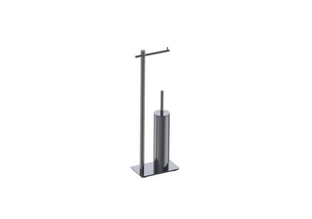 Vrijstaande toiletrolhouder met geïntegreerde toiletborstel uit de Steinwood serie, uitgevoerd in black gun metal met duurzame PVD-coating. Een praktische en stijlvolle oplossing zonder wandmontage. De afwerking sluit exact aan bij de black gun metal