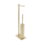 Vrijstaande toiletrolhouder met geïntegreerde toiletborstel uit de Steinwood serie, uitgevoerd in geborsteld goud met duurzame PVD-coating. Een praktische en stijlvolle oplossing zonder wandmontage. De afwerking sluit exact aan bij de geborsteld goud