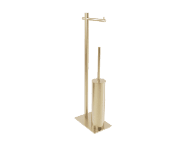 Vrijstaande toiletrolhouder met geïntegreerde toiletborstel uit de Steinwood serie, uitgevoerd in geborsteld goud met duurzame PVD-coating. Een praktische en stijlvolle oplossing zonder wandmontage. De afwerking sluit exact aan bij de geborsteld goud