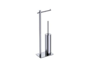 Vrijstaande toiletrolhouder met geïntegreerde toiletborstel uit de Steinwood serie, uitgevoerd in chroom. Een praktische en stijlvolle oplossing zonder wandmontage. De afwerking sluit exact aan bij de chroom afwerking van de Van Heck kranen.