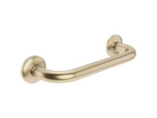 Functionele Raven handgreep voor de badkamer, uitgevoerd in geborsteld goud met duurzame PVD-coating. Biedt extra ondersteuning en veiligheid bij douche en toilet. Geschikt voor wandmontage. De afwerking sluit exact aan bij de geborsteld gouden PVD-a