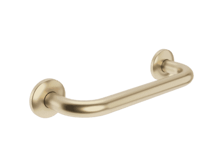 Functionele Raven handgreep voor de badkamer, uitgevoerd in geborsteld goud met duurzame PVD-coating. Biedt extra ondersteuning en veiligheid bij douche en toilet. Geschikt voor wandmontage. De afwerking sluit exact aan bij de geborsteld gouden PVD-a