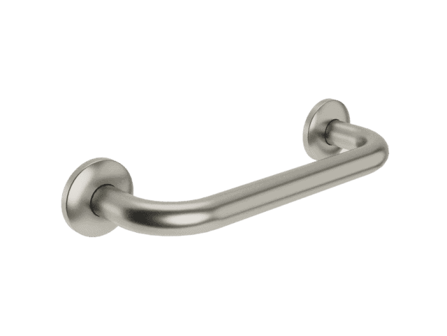 Functionele Raven handgreep voor de badkamer, uitgevoerd in geborsteld nikkel. Biedt extra ondersteuning en veiligheid bij douche en toilet. Geschikt voor wandmontage. De afwerking sluit exact aan bij de mat zwarte van de Van Heck kranen.