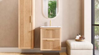 Modern hangend badmeubel 60 cm naturel eiken met groevenfront en twee softclose lades