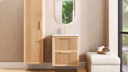Modern hangend badmeubel 60 cm naturel eiken met groevenfront en twee softclose lades