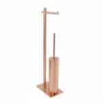 Vrijstaande toiletrolhouder met geïntegreerde toiletborstel uit de Steinwood serie, uitgevoerd in geborsteld koper met duurzame PVD-coating. Een praktische en stijlvolle oplossing zonder wandmontage. De afwerking sluit exact aan bij de geborsteld kop