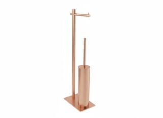 Vrijstaande toiletrolhouder met geïntegreerde toiletborstel uit de Steinwood serie, uitgevoerd in geborsteld koper met duurzame PVD-coating. Een praktische en stijlvolle oplossing zonder wandmontage. De afwerking sluit exact aan bij de geborsteld kop