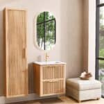 Modern hangend badmeubel 60 cm naturel eiken met groevenfront en twee softclose lades