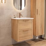 Hangend modern badmeubel 60 cm naturel eiken met vlak front en twee softclose lades