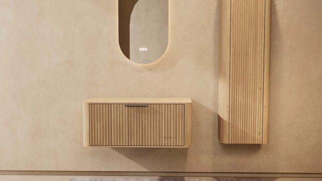 Badkamermeubel — Design hangende badkamerkast 100 cm naturel eiken met afgeronde hoeken en groevenfront zonder wastafel