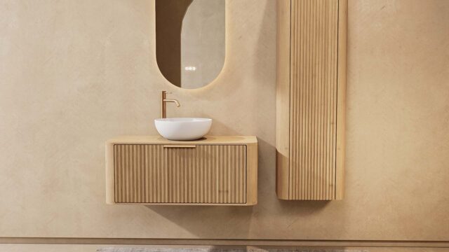 Rond naturel eiken badkamermeubel 100 cm met groevenfront, eiken blad en witte solid surface waskom