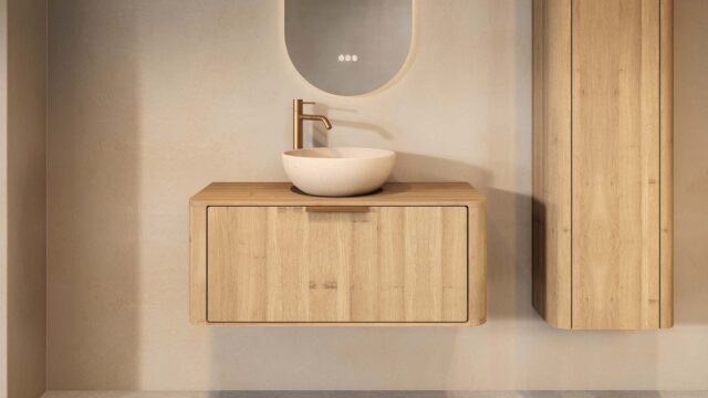Hangend naturel eiken badkamermeubel 100 cm met afgeronde hoeken en beige limestone opbouwwaskom