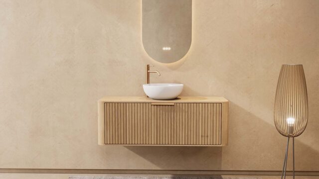 Rond naturel eiken wastafelmeubel 120 cm met groevenfront, eiken blad en witte solid surface waskom