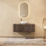 Rond donker eiken badkamermeubel 120 cm met groevenfront, eiken blad en witte solid surface waskom