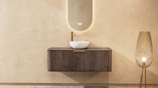 Rond donker eiken badkamermeubel 120 cm met groevenfront, eiken blad en witte solid surface waskom