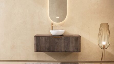 Rond donker eiken badkamermeubel 120 cm met groevenfront, eiken blad en witte solid surface waskom