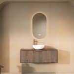 Rond hangend donker eiken wastafelmeubel 120 cm met ronde hoeken en witte solid surface waskom