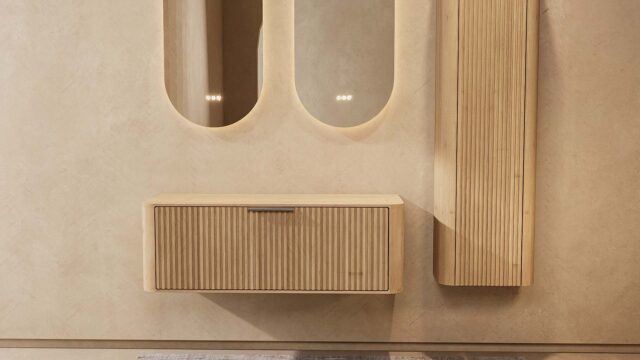 Badkamermeubel — Design hangende badkamerkast 120 cm naturel eiken met afgeronde hoeken en groevenfront zonder wastafel