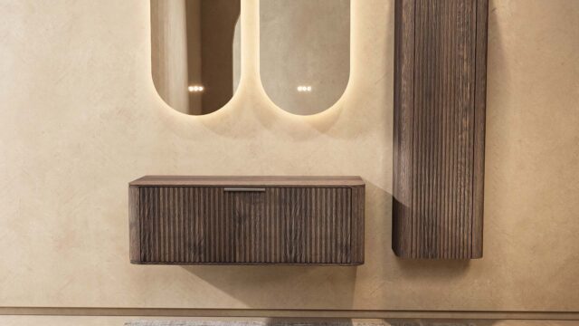 Badkamermeubel — Design hangende badkamerkast 120 cm donker eiken met afgeronde hoeken en groevenfront zonder wastafel