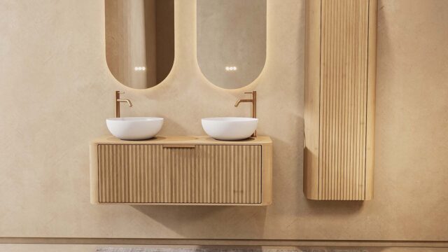 Rond naturel eiken badkamermeubel 120 cm met groevenfront en twee witte solid surface waskommen