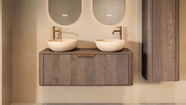 Rond hangend donker eiken badkamermeubel 120 cm met ronde hoeken en twee beige limestone waskommen