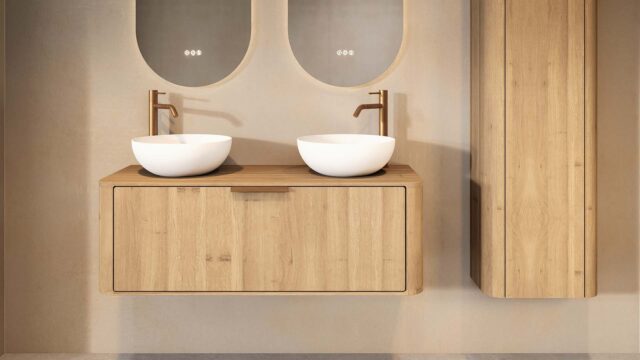 Rond hangend naturel eiken wastafelmeubel 120 cm met ronde hoeken en twee witte solid surface waskommen