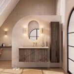 Hangend donker eiken badmeubel 120 cm met vlak front, binnenlade en beige limestone wastafel