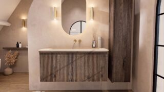 Hangend donker eiken badmeubel 120 cm met vlak front, binnenlade en beige limestone wastafel