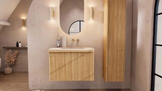 Eiken badkamermeubel 80 cm met vlak front, extra binnenlade en geïntegreerde limestone beige wastafel