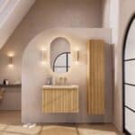 Eiken badkamermeubel 80 cm met vlak front, extra binnenlade en geïntegreerde limestone beige wastafel