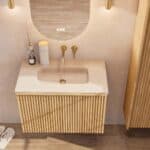 Eiken badkamermeubel 80 cm met vlak front, extra binnenlade en geïntegreerde limestone beige wastafel