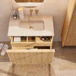 Eiken badkamermeubel 80 cm met vlak front, extra binnenlade en geïntegreerde limestone beige wastafel