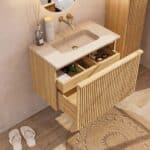 Eiken badkamermeubel 80 cm met vlak front, extra binnenlade en geïntegreerde limestone beige wastafel