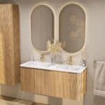 Rond hangend naturel eiken badkamermeubel 120 cm met groevenfront en mat wit wastafel met twee waskommen