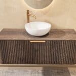 Rond donker eiken badkamermeubel 120 cm met groevenfront, eiken blad en witte solid surface waskom