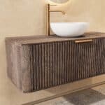 Rond donker eiken badkamermeubel 120 cm met groevenfront, eiken blad en witte solid surface waskom