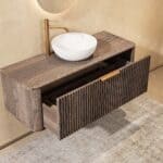Rond donker eiken badkamermeubel 120 cm met groevenfront, eiken blad en witte solid surface waskom