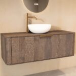 Rond hangend donker eiken wastafelmeubel 120 cm met ronde hoeken en witte solid surface waskom
