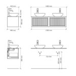 Modern hangend badkamermeubel 140 cm massief eiken met ribbelfront en solid surface met 2 waskommen