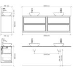 Hangend donker eiken wastafelmeubel 200 cm met dubbele lade en solid surface blad met waskom