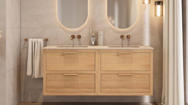 Hangend modern naturel eiken badkamermeubel 160 cm met 2 lades en dubbele beton beige wastafel
