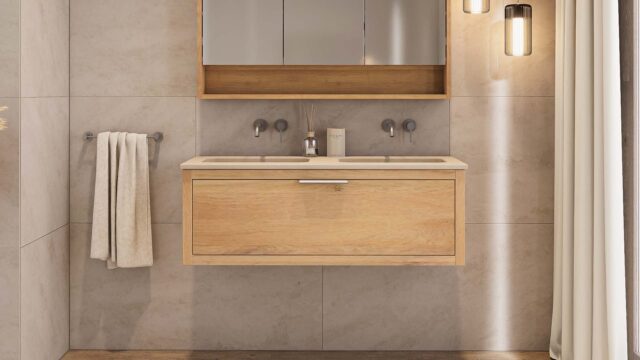 Hangend modern naturel eiken badkamermeubel 120 cm met 1 lade en dubbele beton beige wastafel