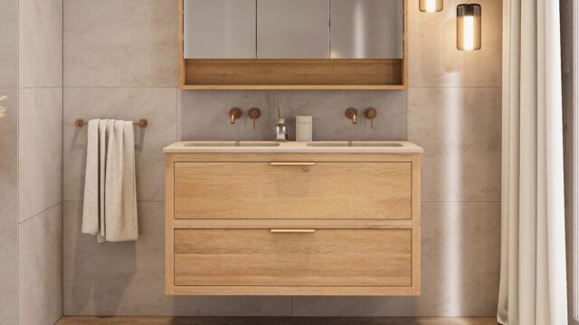 Hangend modern naturel eiken badkamermeubel 120 cm met 2 lades en dubbele beton beige wastafel
