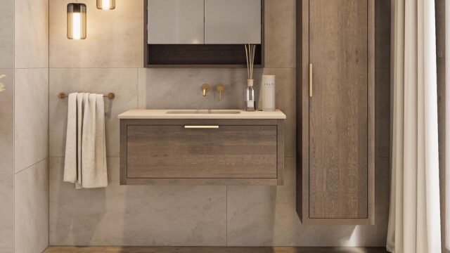 Hangend donker eiken wastafelmeubel 100 cm met 1 lade softclose en beton beige wastafel